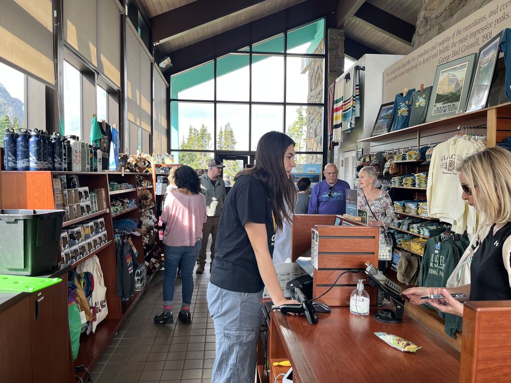 Checking out a customer at Logan Pass